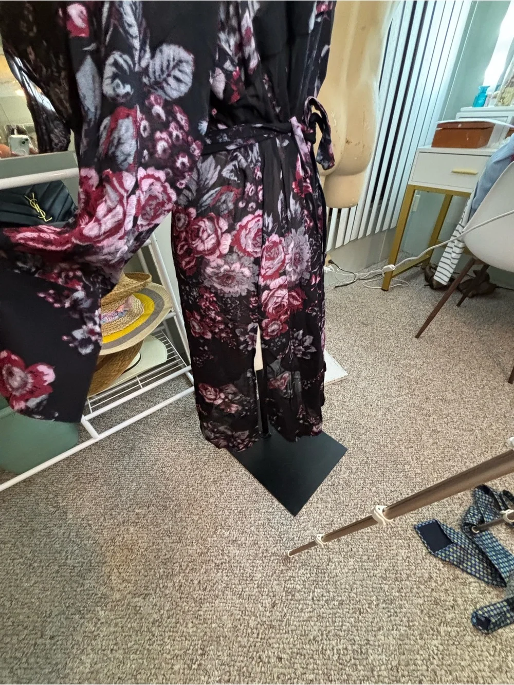 Leith Black Floral Satin Wrap Robe with Plum Accents